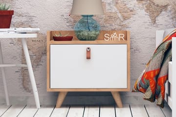Sängbord Naidaj 50 cm med Förvaring Skåp Läderbeslag - Trä/Vit - Möbler - Bord & matgrupp - Avlastningsbord & sidobord - Sängbord & nattduksbord