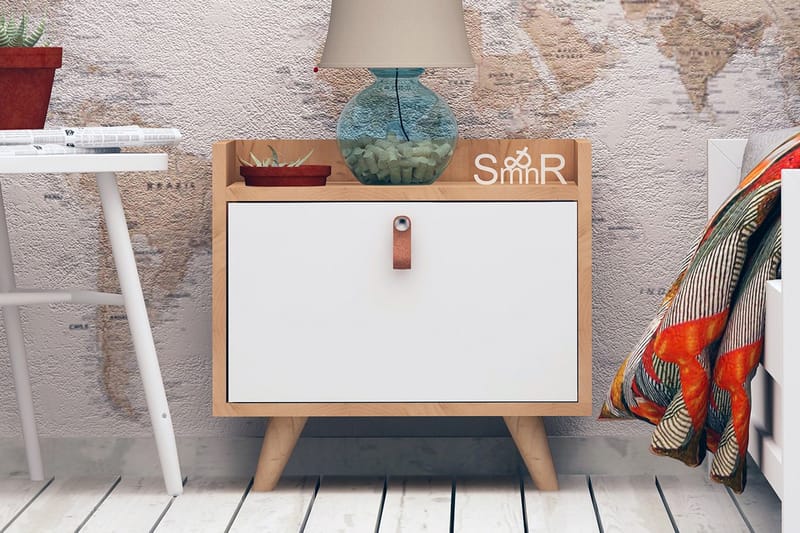 Sängbord Naidaj 50 cm med Förvaring Skåp Läderbeslag - Trä/Vit - Möbler - Bord & matgrupp - Avlastningsbord & sidobord - Sängbord & nattduksbord