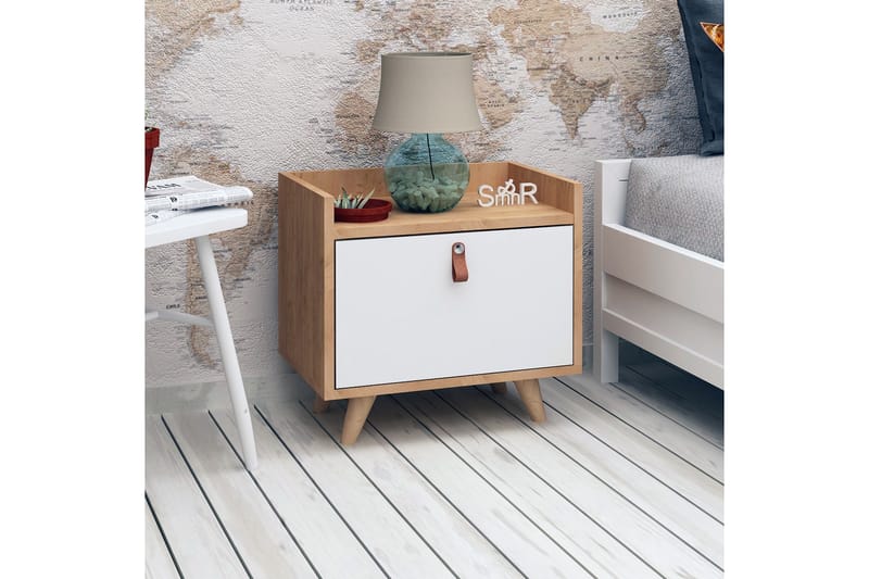 Sängbord Naidaj 50 cm med Förvaring Skåp Läderbeslag - Trä/Vit - Möbler - Bord & matgrupp - Avlastningsbord & sidobord - Sängbord & nattduksbord
