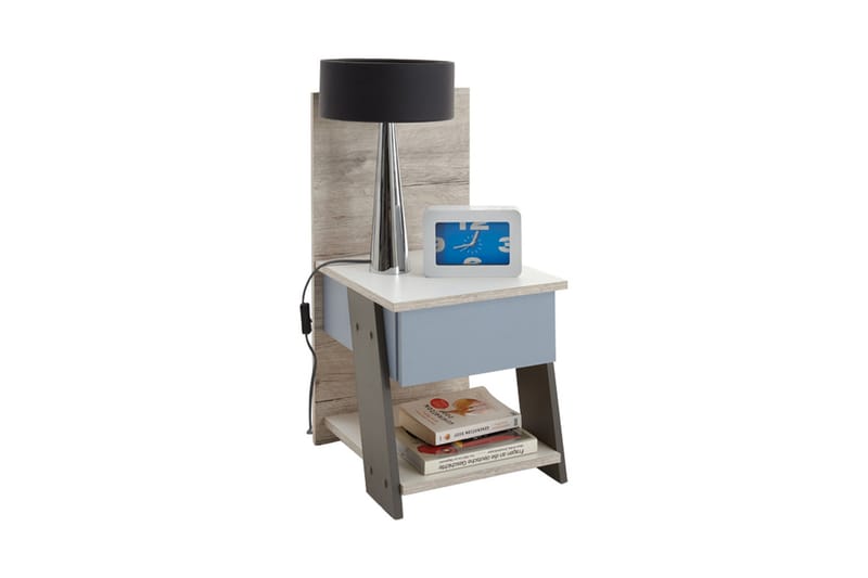 Sängbord Ridley 34 cm med Förvaring Lådor + Panel - Vit/Beige/Grå/Blå - Sängbord & nattduksbord