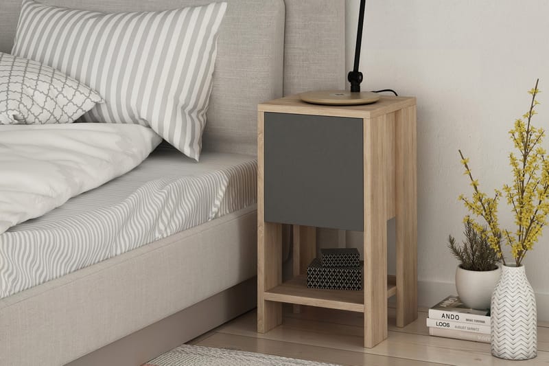 Sängbord Rodger 30 cm med Förvaring Hylla + Lucka - Ekfärg/Mörkgrå - Möbler - Bord & matgrupp - Avlastningsbord & sidobord - Sängbord & nattduksbord