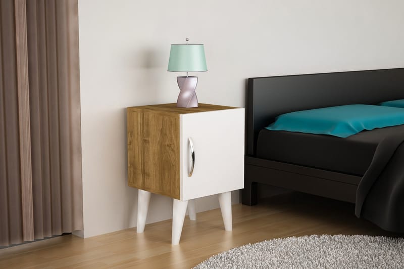 Sängbord Shaneka 35 cm Liten med Förvaring Skåp - Vit/Valnötsbrun - Sängbord & nattduksbord