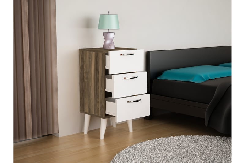Sängbord Shaneka 40 cm med Förvaring 3 Lådor - Vit/Valnötsbrun - Sängbord & nattduksbord
