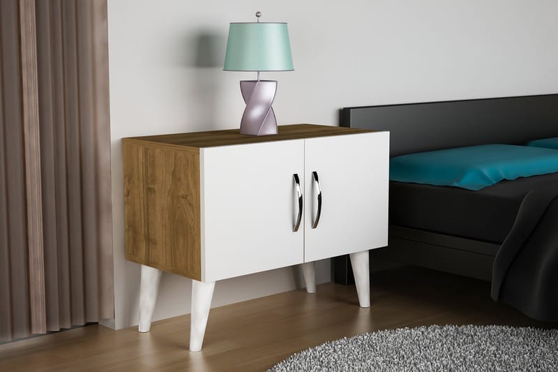 Sängbord Shaneka 70 cm Bred med Förvaring 2 Skåp - Vit/Valnötsbrun - Sängbord & nattduksbord