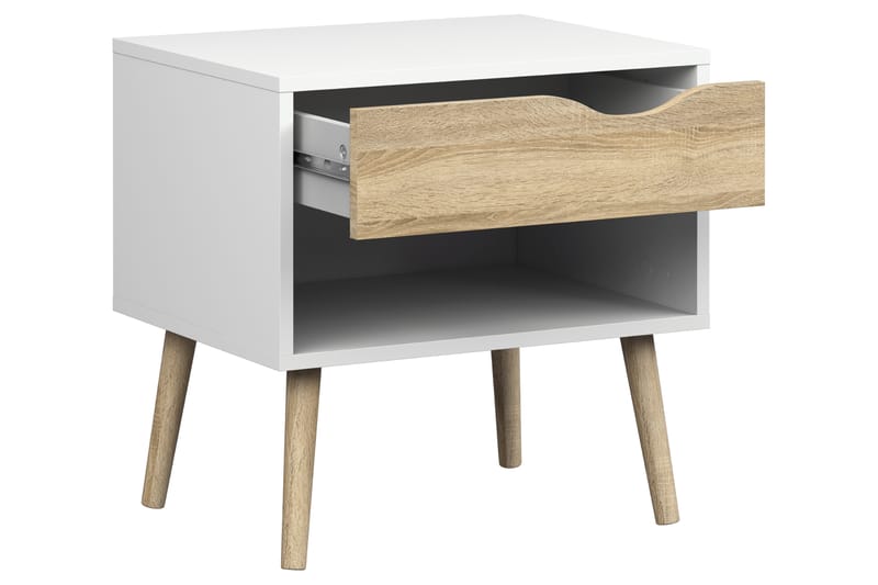 Sängbord Vasiliki 50 cm med Förvaring Låda + Hylla - Vit/Ekfärg - Sängbord & nattduksbord