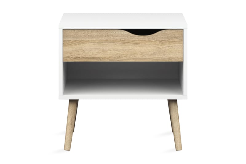 Sängbord Vasiliki 50 cm med Förvaring Låda + Hylla - Vit/Ekfärg - Möbler - Bord & matgrupp - Avlastningsbord & sidobord - Sängbord & nattduksbord