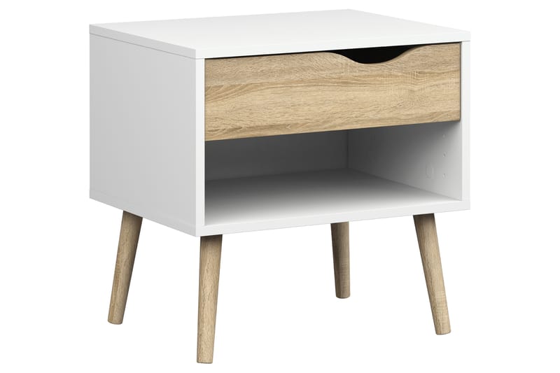 Sängbord Vasiliki 50 cm med Förvaring Låda + Hylla - Vit/Ekfärg - Möbler - Bord & matgrupp - Avlastningsbord & sidobord - Sängbord & nattduksbord