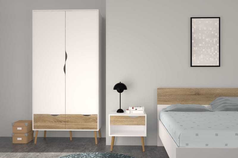 Sängbord Vasiliki 50 cm med Förvaring Låda + Hylla - Vit/Ekfärg - Möbler - Bord & matgrupp - Avlastningsbord & sidobord - Sängbord & nattduksbord