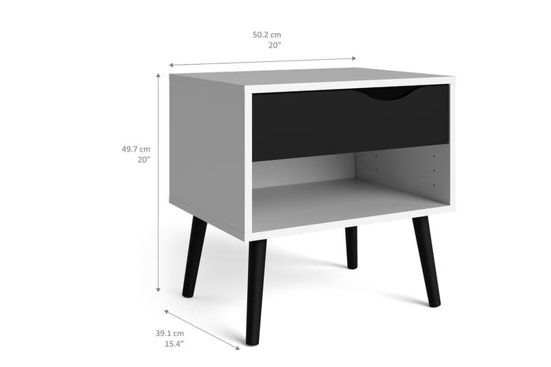 Sängbord Vasiliki 50 cm med Förvaring Låda + Hylla - Vit/Svart - Sängbord & nattduksbord