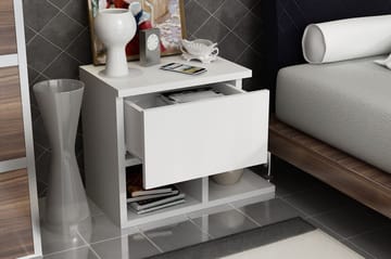 Sängbord Pangler 46 cm med Förvaring Låda + Hyllor - Vit - Möbler - Bord & matgrupp - Avlastningsbord & sidobord - Sängbord & nattduksbord