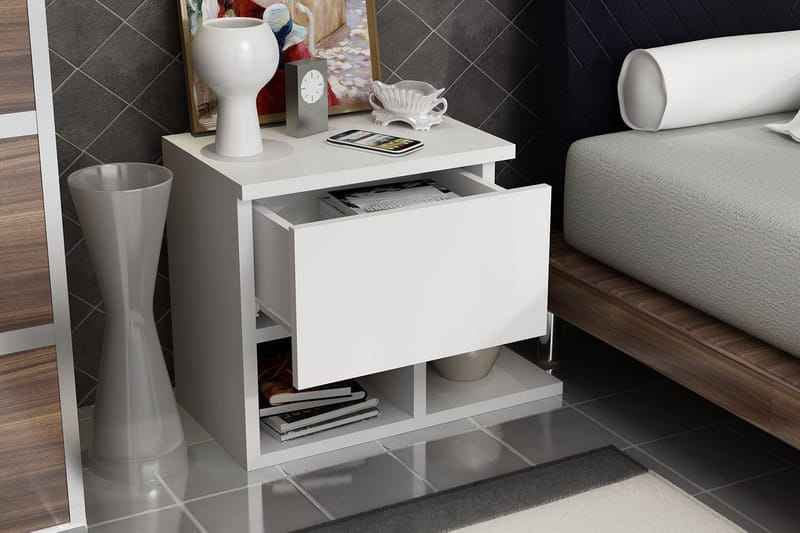 Sängbord Pangler 46 cm med Förvaring Låda + Hyllor - Vit - Möbler - Bord & matgrupp - Avlastningsbord & sidobord - Sängbord & nattduksbord