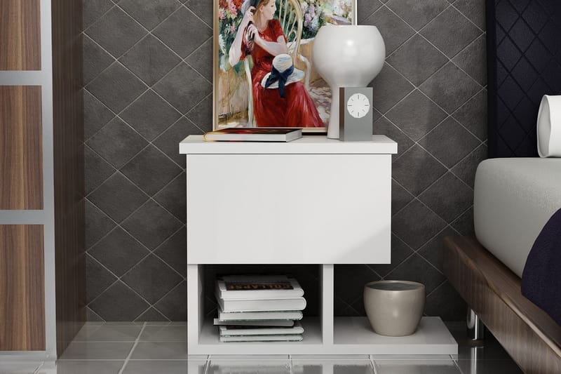 Sängbord Pangler 46 cm med Förvaring Låda + Hyllor - Vit - Möbler - Bord & matgrupp - Avlastningsbord & sidobord - Sängbord & nattduksbord