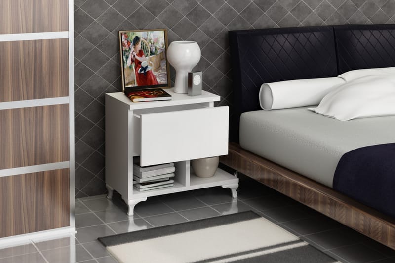 Sängbord Pangler 46 cm med Förvaring Låda + Hyllor Ben - Vit - Sängbord & nattduksbord