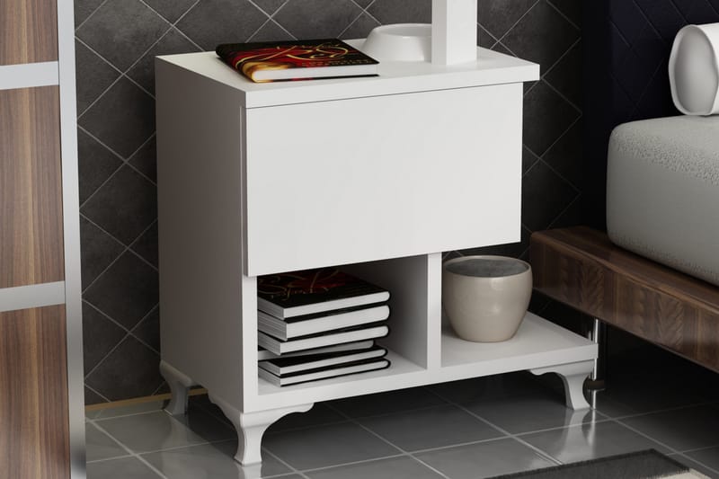Sängbord Pangler 46 cm med Förvaring Låda + Hyllor Ben - Vit - Möbler - Bord & matgrupp - Avlastningsbord & sidobord - Sängbord & nattduksbord