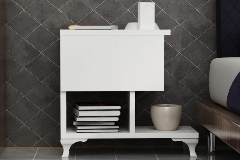 Sängbord Pangler 46 cm med Förvaring Låda + Hyllor Ben - Vit - Möbler - Bord & matgrupp - Avlastningsbord & sidobord - Sängbord & nattduksbord