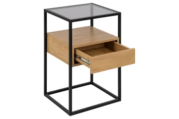 Sakila Sängbord 35 cm i Glas med Ekutseende, Förvaring med Låda - Natur - Möbler - Bord & matgrupp - Avlastningsbord & sidobord - Sängbord & nattduksbord