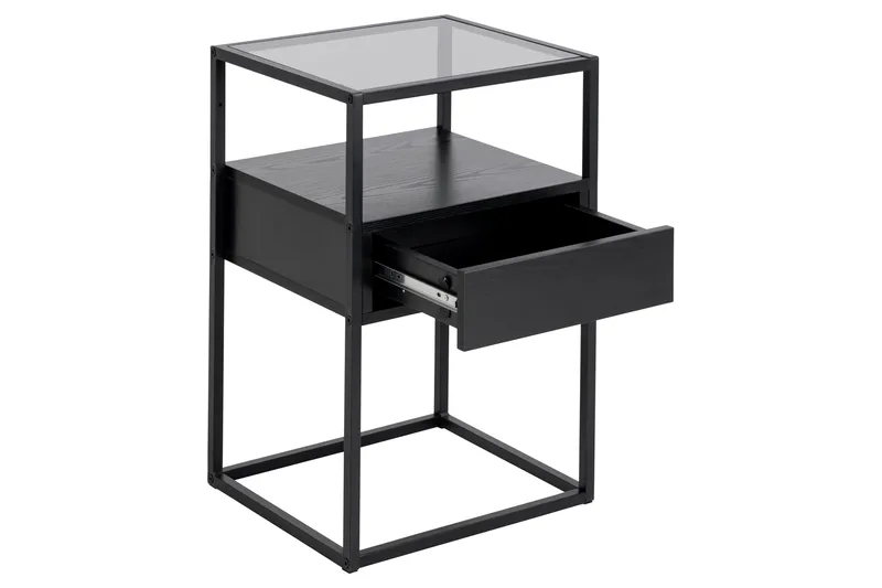 Sakila Sängbord 35 cm i Glas med Valnötsutseende, Förvaring med Låda - Svart - Möbler - Bord & matgrupp - Avlastningsbord & sidobord - Sängbord & nattduksbord