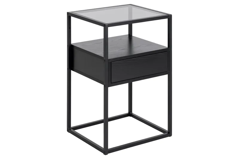 Sakila Sängbord 35 cm i Glas med Valnötsutseende, Förvaring med Låda, Svart