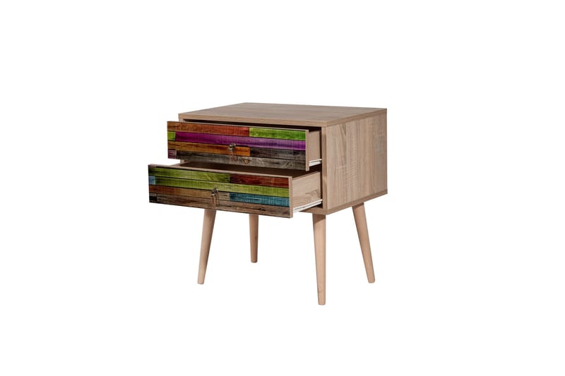 Vellavie Sängbord 60 cm med Förvaring 2 Lådor Regnbågspanel - Röd/Grön - Möbler - Bord & matgrupp - Avlastningsbord & sidobord - Sängbord & nattduksbord