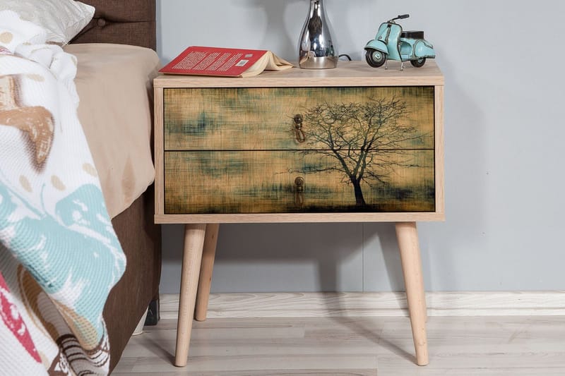 Vellavie Sängbord 60 cm med Förvaring 2 Lådor Trädsilhuett - Brun/Grön - Möbler - Bord & matgrupp - Avlastningsbord & sidobord - Sängbord & nattduksbord