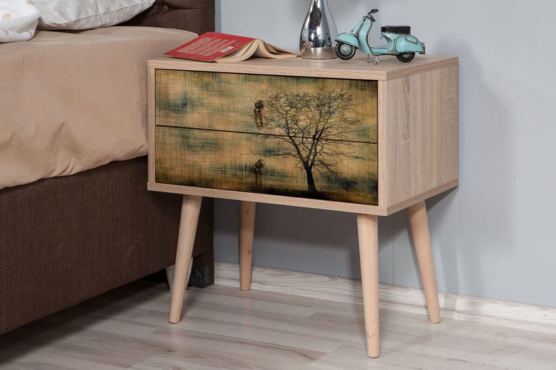 Vellavie Sängbord 60 cm med Förvaring 2 Lådor Trädsilhuett - Brun/Grön - Möbler - Bord & matgrupp - Avlastningsbord & sidobord - Sängbord & nattduksbord