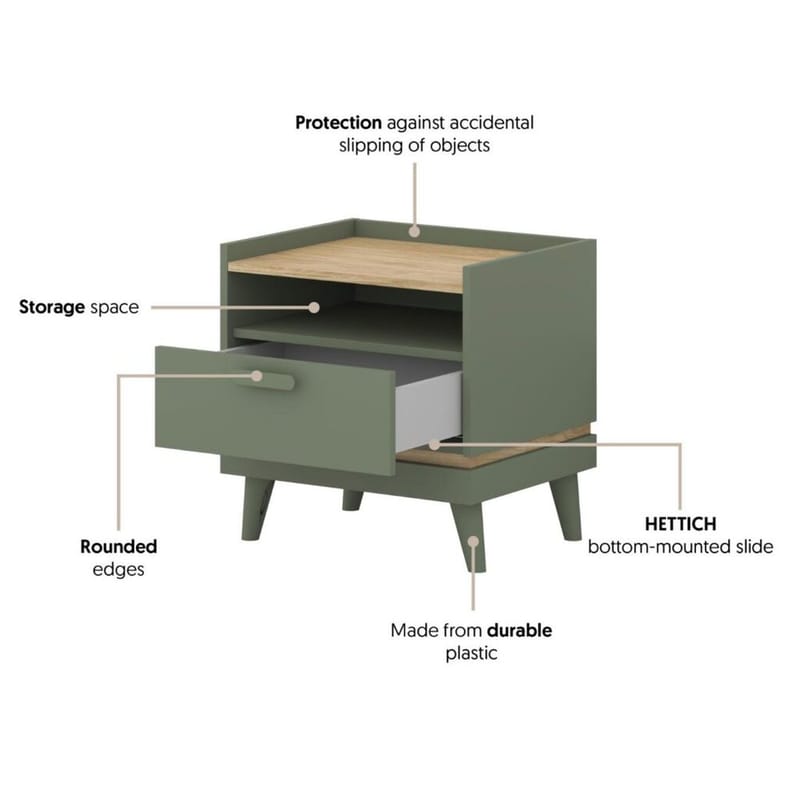 Sängbord Scandi 1 låda - Dämpad grön - Oljad ek - Möbler - Bord & matgrupp - Avlastningsbord & sidobord - Sängbord & nattduksbord