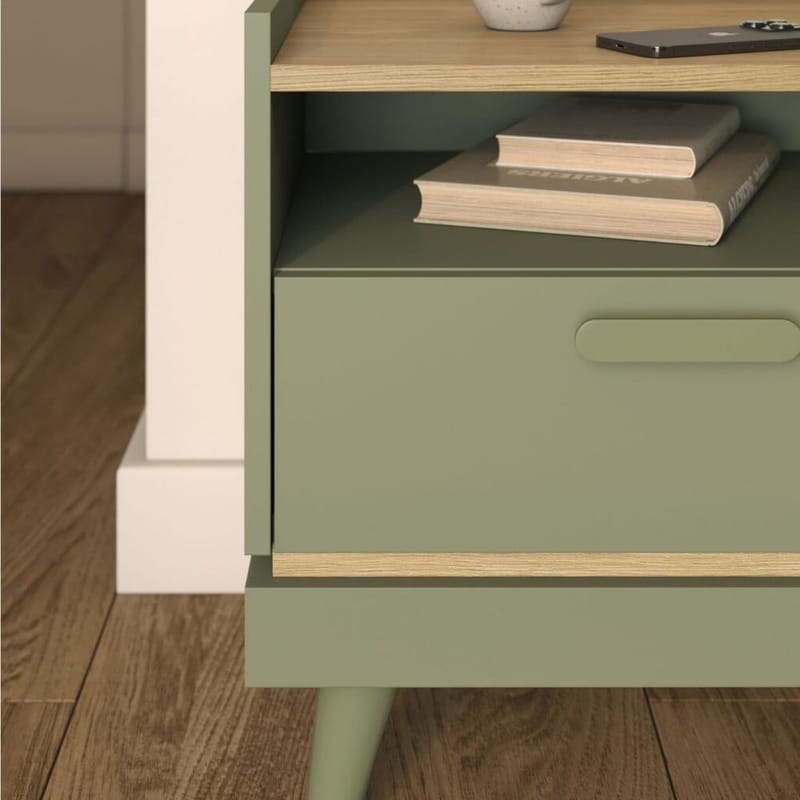 Sängbord Scandi 1 låda - Dämpad grön - Oljad ek - Möbler - Bord & matgrupp - Avlastningsbord & sidobord - Sängbord & nattduksbord