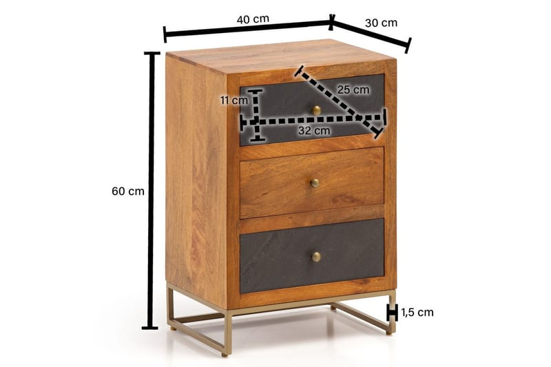 Sängbord Wohnling gjord av massivt trä för boxspringbädd med 3 lådor, skifferlook, i lantlig stil Brun, Svart - Brun, Svart - Möbler - Bord & matgrupp - Avlastningsbord & sidobord - Sängbord & nattduksbord