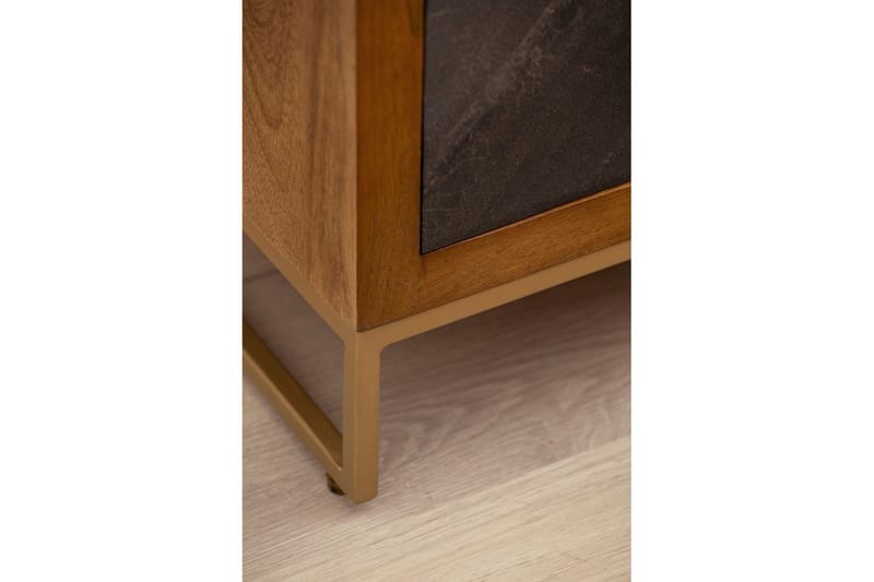 Sängbord Wohnling gjord av massivt trä för boxspringbädd med 3 lådor, skifferlook, i lantlig stil Brun, Svart - Brun, Svart - Möbler - Bord & matgrupp - Avlastningsbord & sidobord - Sängbord & nattduksbord
