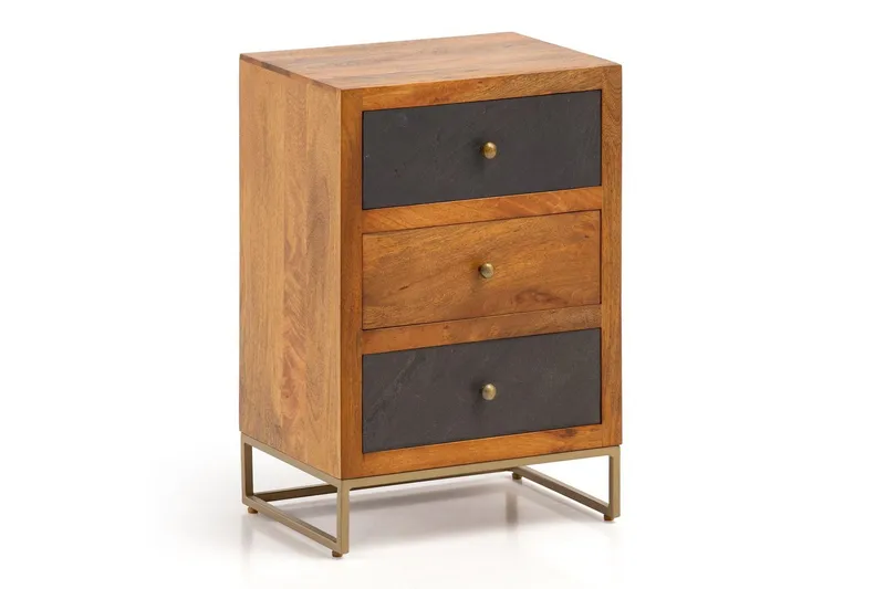 Sängbord Wohnling gjord av massivt trä för boxspringbädd med 3 lådor, skifferlook, i lantlig stil Brun, Svart, Brun, Svart