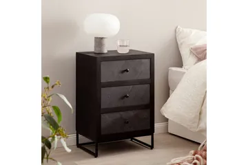 Sängbord Wohnling gjord av massivt trä för boxspringbädd med 3 lådor, skifferlook, i lantlig stil Svart - Svart - Möbler - Bord & matgrupp - Avlastningsbord & sidobord - Sängbord & nattduksbord