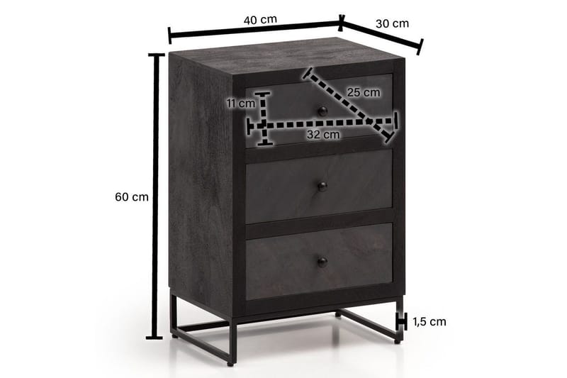 Sängbord Wohnling gjord av massivt trä för boxspringbädd med 3 lådor, skifferlook, i lantlig stil Svart - Svart - Möbler - Bord & matgrupp - Avlastningsbord & sidobord - Sängbord & nattduksbord