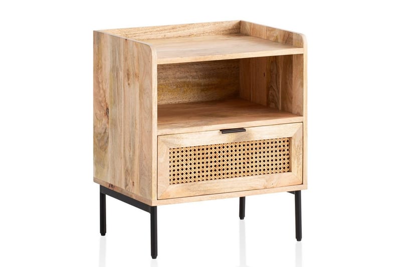 Sängbord Wohnling Massivt Mangoträ med 1 Låda En Förvaringsbricka med Wienerflätning - Möbler - Bord & matgrupp - Avlastningsbord & sidobord - Sängbord & nattduksbord