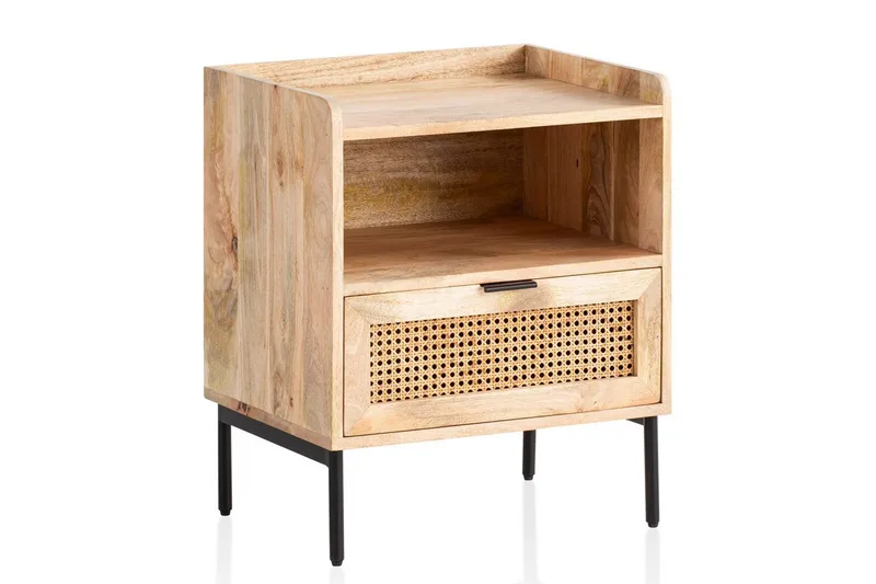 Sängbord Wohnling Massivt Mangoträ med 1 Låda En Förvaringsbricka med Wienerflätning