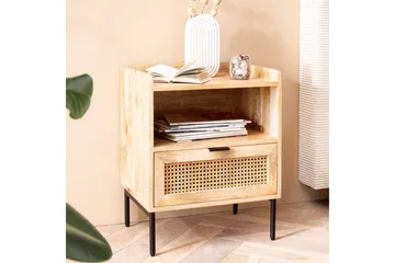 Sängbord Wohnling Massivt Mangoträ med 1 Låda En Förvaringsbricka med Wienerflätning - Möbler - Bord & matgrupp - Avlastningsbord & sidobord - Sängbord & nattduksbord