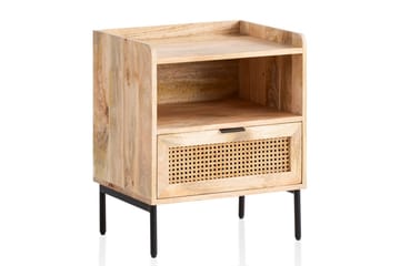 Sängbord Wohnling Massivt Mangoträ med 1 Låda En Förvaringsbricka med Wienerflätning - Möbler - Bord & matgrupp - Avlastningsbord & sidobord - Sängbord & nattduksbord