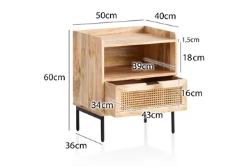 Sängbord Wohnling Massivt Mangoträ med 1 Låda En Förvaringsbricka med Wienerflätning - Möbler - Bord & matgrupp - Avlastningsbord & sidobord - Sängbord & nattduksbord
