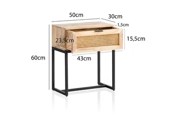 Sängbord Wohnling Massivt Mangoträ med 1 Låda med Wienerflätning I En Industriell Stil - Möbler - Bord & matgrupp - Avlastningsbord & sidobord - Sängbord & nattduksbord