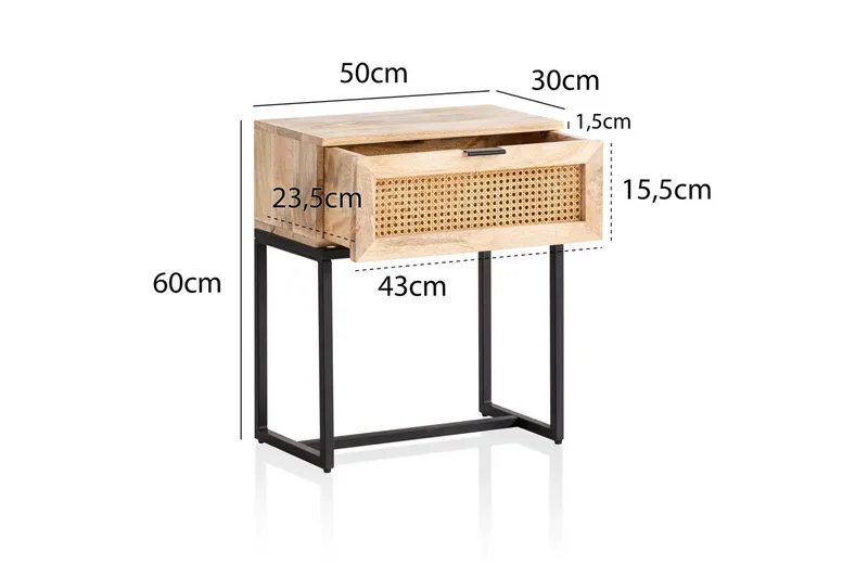 Sängbord Wohnling Massivt Mangoträ med 1 Låda med Wienerflätning I En Industriell Stil - Möbler - Bord & matgrupp - Avlastningsbord & sidobord - Sängbord & nattduksbord
