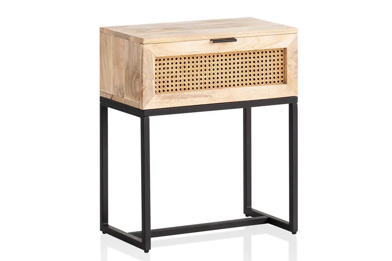 Sängbord Wohnling Massivt Mangoträ med 1 Låda med Wienerflätning I En Industriell Stil