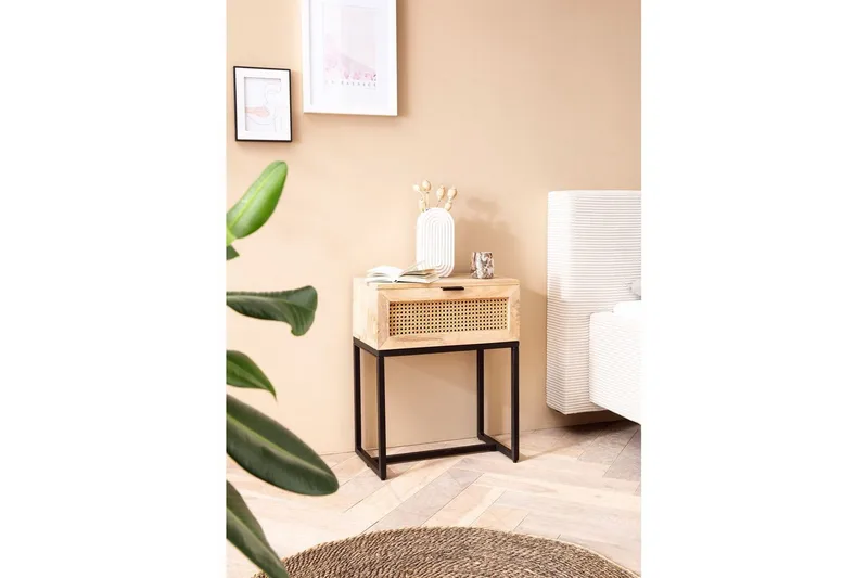 Sängbord Wohnling Massivt Mangoträ med 1 Låda med Wienerflätning I En Industriell Stil - Möbler - Bord & matgrupp - Avlastningsbord & sidobord - Sängbord & nattduksbord