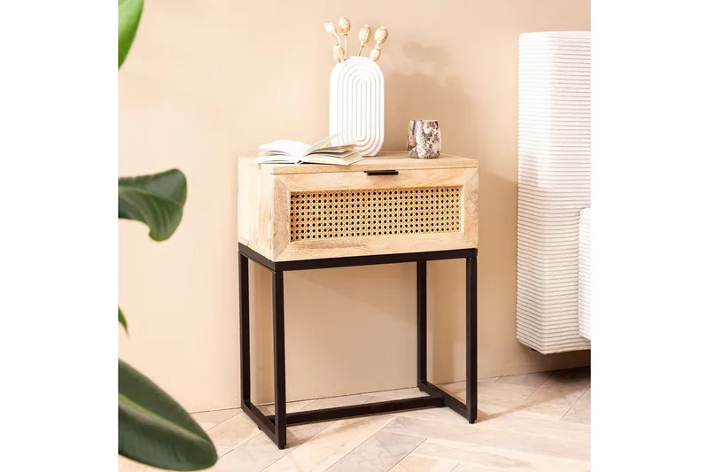 Sängbord Wohnling Massivt Mangoträ med 1 Låda med Wienerflätning I En Industriell Stil - Möbler - Bord & matgrupp - Avlastningsbord & sidobord - Sängbord & nattduksbord