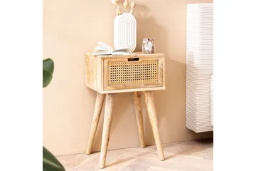 Sängbord Wohnling Massivt mangoträ med 1 låda med wienerflätverk i modern stil Ljusbrun - Ljusbrun - Möbler - Bord & matgrupp - Avlastningsbord & sidobord - Sängbord & nattduksbord