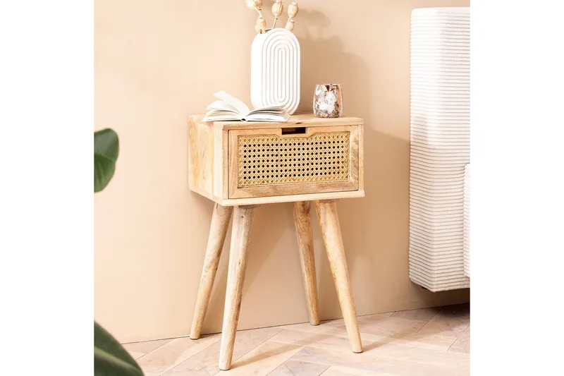 Sängbord Wohnling Massivt mangoträ med 1 låda med wienerflätverk i modern stil Ljusbrun - Ljusbrun - Möbler - Bord & matgrupp - Avlastningsbord & sidobord - Sängbord & nattduksbord