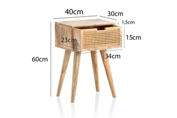 Sängbord Wohnling Massivt mangoträ med 1 låda med wienerflätverk i modern stil Ljusbrun - Ljusbrun - Möbler - Bord & matgrupp - Avlastningsbord & sidobord - Sängbord & nattduksbord