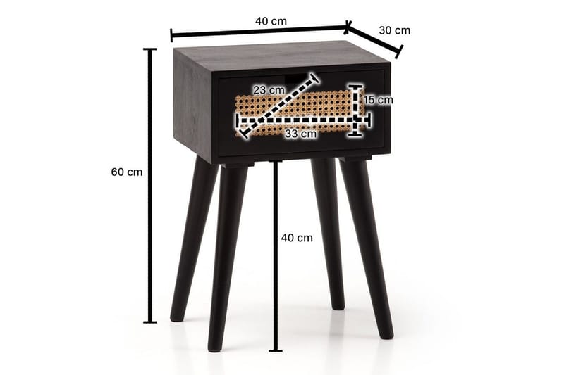 Sängbord Wohnling Massivt mangoträ med 1 låda med wienerflätverk i modern stil Svart - Svart - Möbler - Bord & matgrupp - Avlastningsbord & sidobord - Sängbord & nattduksbord