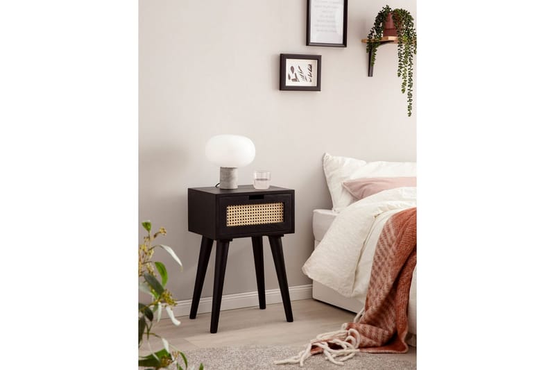 Sängbord Wohnling Massivt mangoträ med 1 låda med wienerflätverk i modern stil Svart - Svart - Möbler - Bord & matgrupp - Avlastningsbord & sidobord - Sängbord & nattduksbord