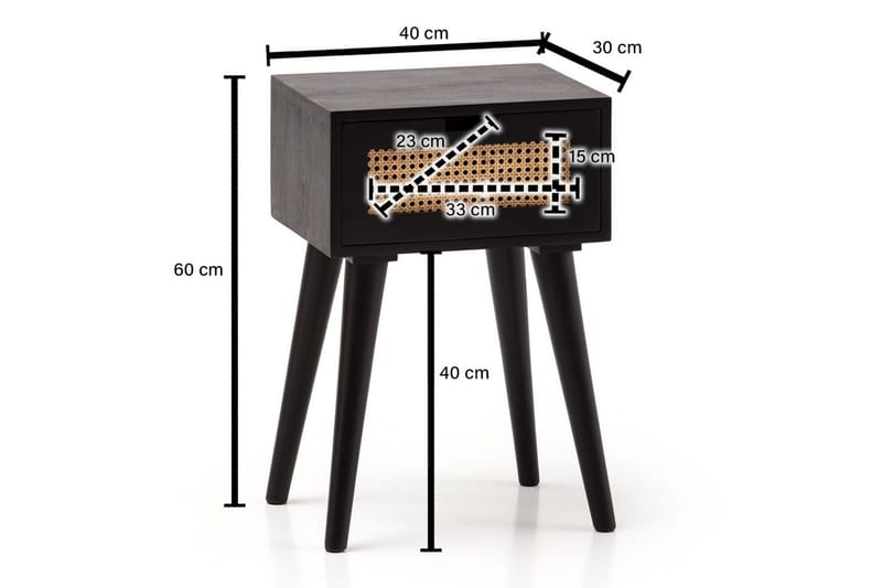 Sängbord Wohnling Massivt mangoträ med 1 låda med wienerflätverk i modern stil Svart - Svart - Möbler - Bord & matgrupp - Avlastningsbord & sidobord - Sängbord & nattduksbord
