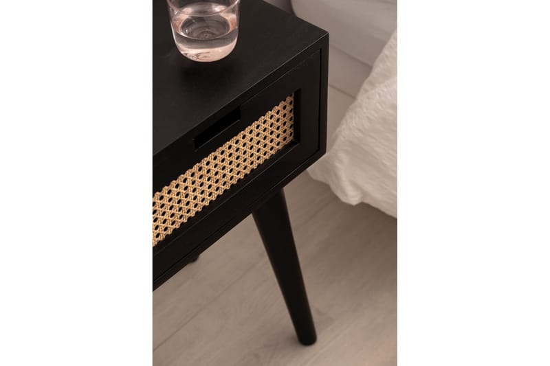Sängbord Wohnling Massivt mangoträ med 1 låda med wienerflätverk i modern stil Svart - Svart - Möbler - Bord & matgrupp - Avlastningsbord & sidobord - Sängbord & nattduksbord