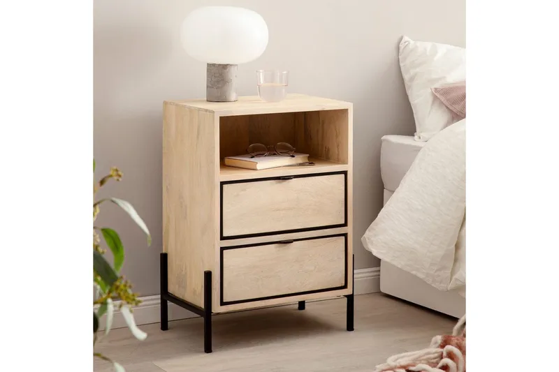 Sängbord Wohnling Massivt Mangoträ med 2 Lådor Ett Förvaringsfack - Möbler - Bord & matgrupp - Avlastningsbord & sidobord - Sängbord & nattduksbord
